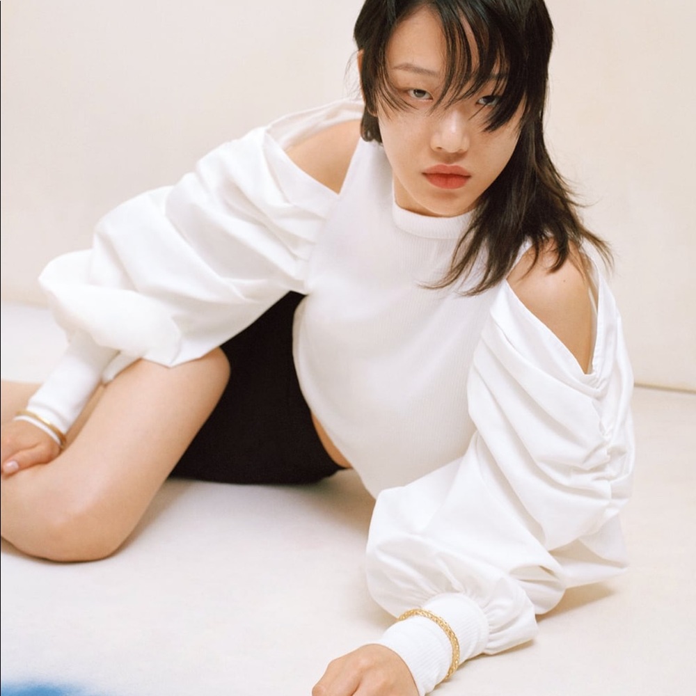 White, cold shoulder, puff sleeve top